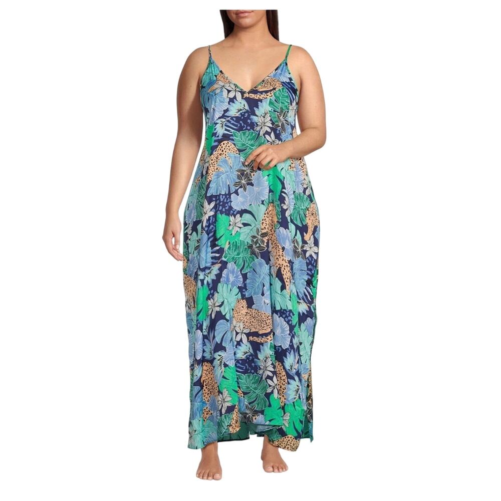 Van Winkle & Co. Jungle Floral Pront Satin Sleeveless V-Neck Maxi Chemise 3X